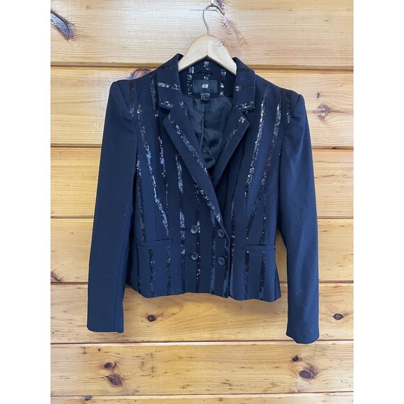 H&M “ Jackson “ Blazer Jacket Black Sequins Striped Padded Shoulders SZ 10 - Picture 1 of 4